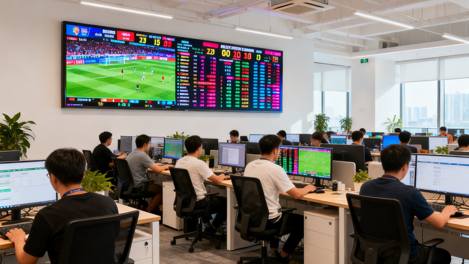 球探体育广州总部办公室的实景照片，宽敞的开放式工位区里坐满了专注工作的技术人员，墙上悬挂的大型LED屏幕实时滚动显示全球各大赛事的比分和数据，办公环境明亮而充满活力。