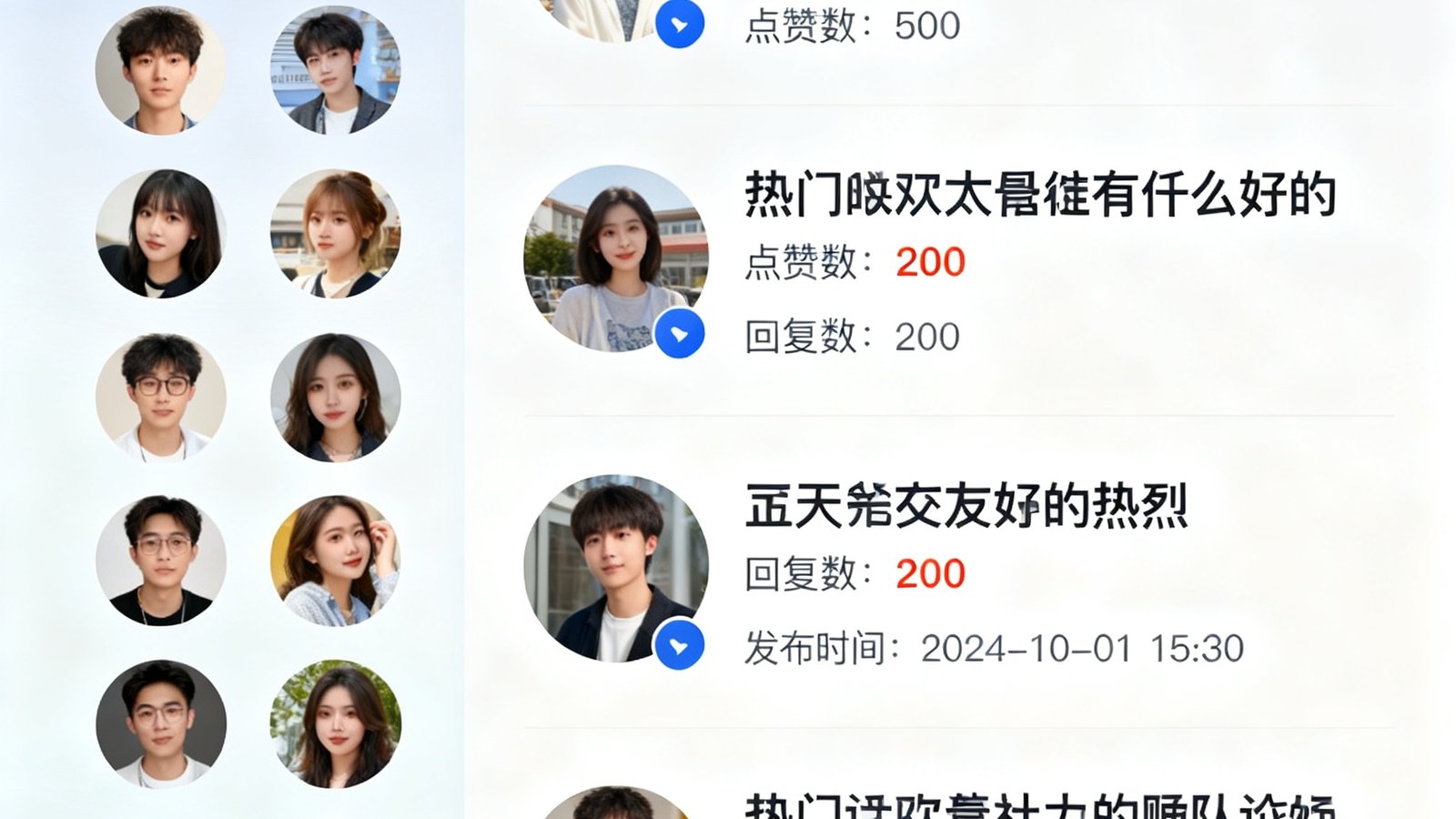 一个活跃的球迷社区讨论区界面截图，圆形用户头像排列在左侧，热门讨论帖标题醒目显示，每条帖子下方标注了点赞数、回复数和发布时间，社区氛围友好而热烈。